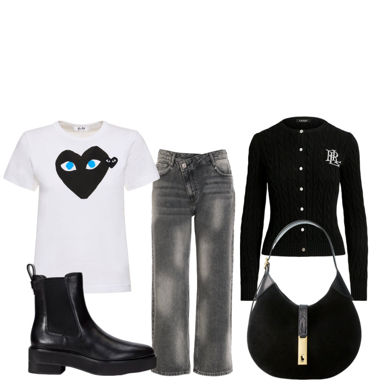 Outfit donna - È novembre ma fa caldo. Stile Basic per Tutti i giorni. Abbinamento con jeans, cardigans, stivaletti chelsea, borse a spalla, t-shirt.