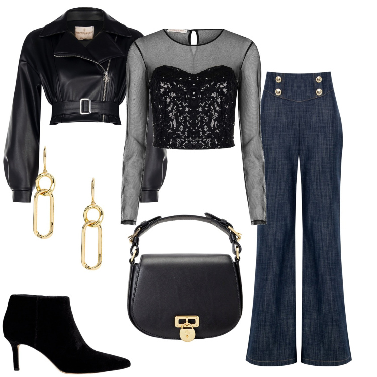 Outfit donna - Rocker con stile. Stile Rock per Serata fuori. Abbinamento con top, jeans, giacche, borse a tracolla, stivaletti, orecchini.