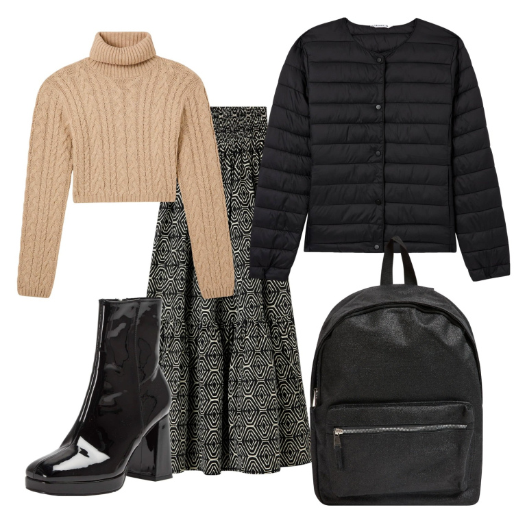 Outfit donna - Lo zainetto in ufficio. Stile Casual chic per Ufficio. Abbinamento con zaini, gonne lunghe, piumini, stivaletti, maglieria.