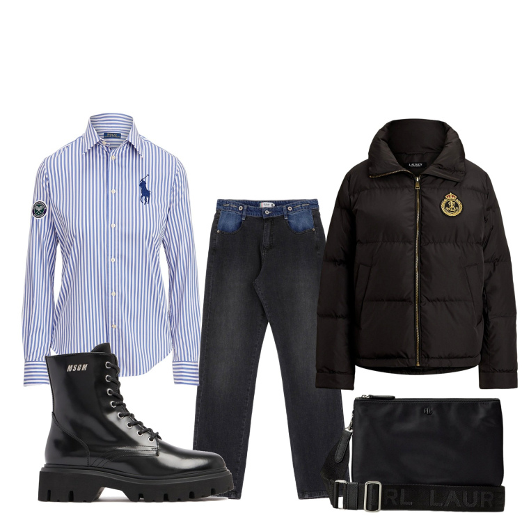 Outfit donna - Combo jeans. Stile Basic per Tutti i giorni. Abbinamento con jeans dritti, borse a tracolla, camicie, piumini, stivali.