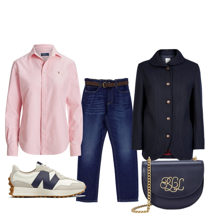 Outfit donna - Pranzo tra amiche. Stile Basic per Tutti i giorni. Abbinamento con sneakers, jeans dritti, borse a tracolla, camicie, blazer.