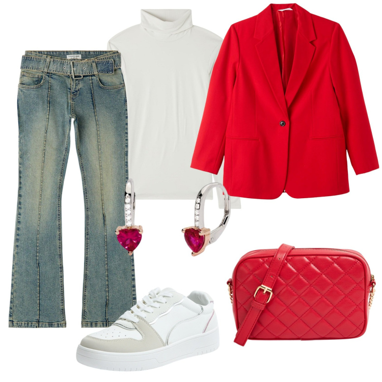 Outfit donna - Una gicca in colore deciso. Stile Casual chic per Ufficio. Abbinamento con jeans a zampa, blazer, sneakers, borse a tracolla, maglieria, orecchini.
