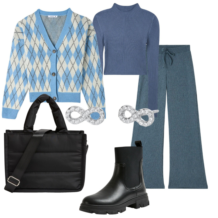 Outfit donna - Rombi in azzurro. Stile Casual per Tutti i giorni. Abbinamento con pantaloni, cardigans, stivaletti chelsea, shopping bag, maglieria, orecchini.