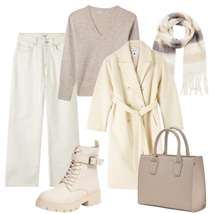 Outfit donna - Terranova candida. Stile Trendy per Tutti i giorni. Abbinamento con sciarpe, cappotti, anfibi, maglieria, shopping bag, jeans.