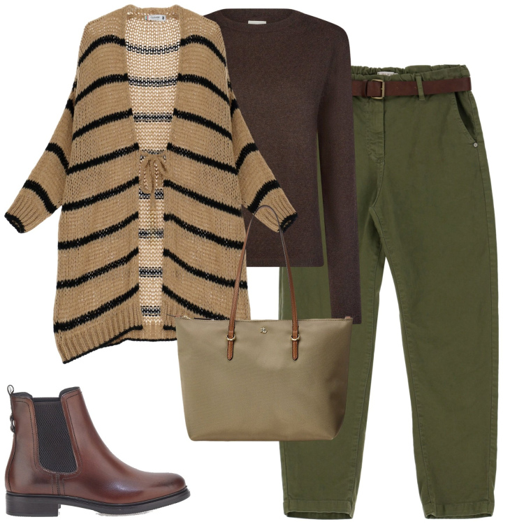 Outfit donna - Total look #1998442. Stile Casual per Tutti i giorni. Abbinamento con pantaloni, cardigans, borse tote, stivaletti, maglieria.