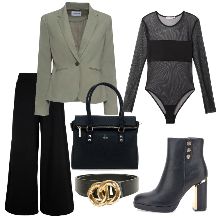 Outfit donna - Le trasparenze. Stile Chic per Serata fuori. Abbinamento con pantaloni culotte, blazer, body, cinture, stivaletti, borse a spalla.