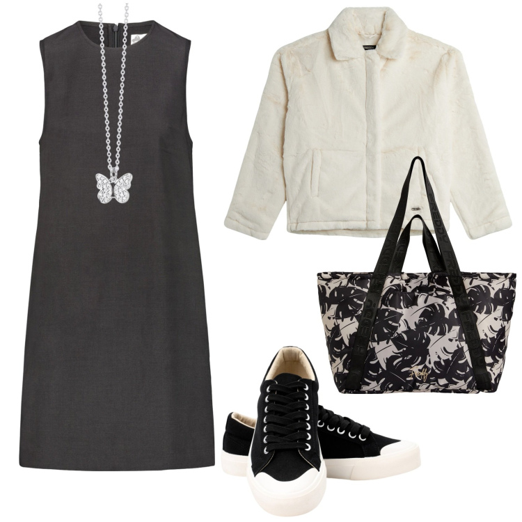 Outfit donna - Aperitivo con le amiche. Stile Trendy per Tutti i giorni. Abbinamento con collane, shopping bag, blazer, sneakers, vestiti a tubino.