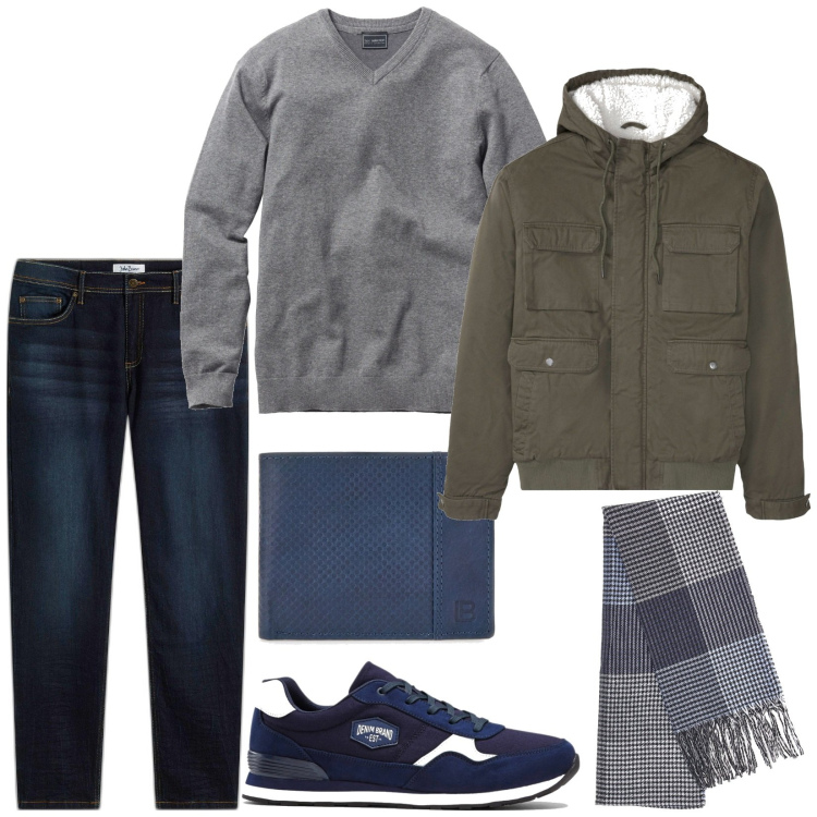 Outfit uomo - Total look #1998457. Stile Casual per Tutti i giorni. Abbinamento con jeans slim fit, sneakers, maglieria, piumini, sciarpe, portafogli.