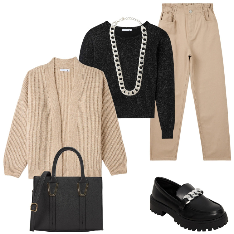 Outfit donna - Terranova. Stile Casual per Ufficio. Abbinamento con pantaloni, cardigans, maglieria, mocassini, shopping bag, collane.