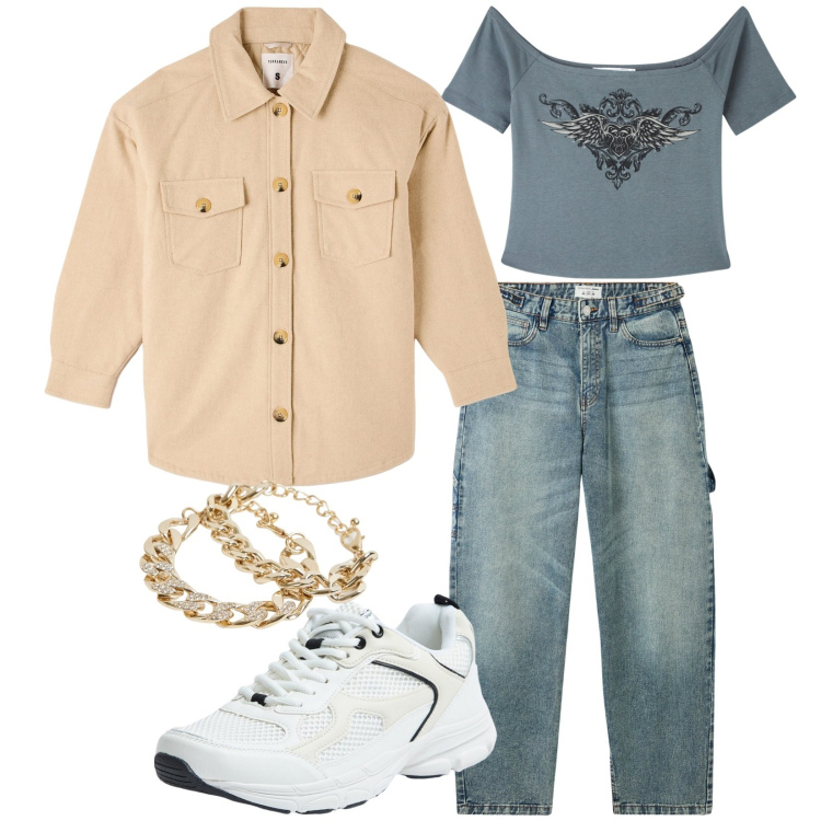 Outfit donna - City life. Stile Casual per Tutti i giorni. Abbinamento con t-shirt, jeans, cappotti, sneakers, braccialetti.