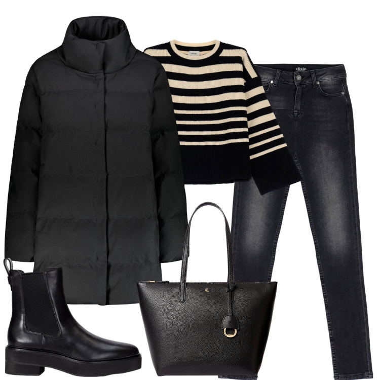Outfit donna - City. Stile Basic per Tutti i giorni. Abbinamento con borse tote, stivaletti chelsea, maglieria, jeans, piumini.
