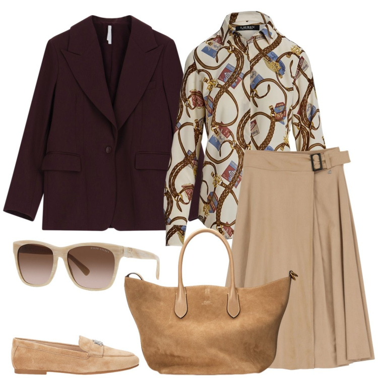 Outfit donna - Total look #1998479. Stile Chic per Tutti i giorni. Abbinamento con blazer, gonne, mocassini, occhiali da sole, borse tote, camicie.