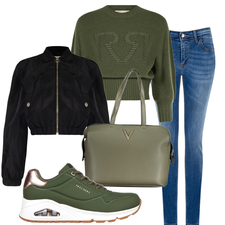 Outfit donna - Verde oliva. Stile Casual per Scuola/Università. Abbinamento con maglieria, jeans skinny, bomber, sneakers, borse a spalla.