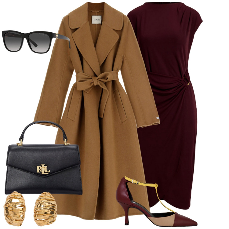 Outfit donna - Il cappotto importante. Stile Chic per Serata fuori. Abbinamento con cappotti, décolleté, occhiali da sole, vestiti, borse a mano, orecchini.