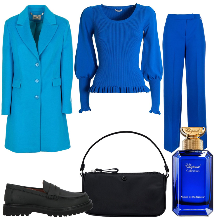 Outfit donna - Bluette per un invito. Stile Glamour per Tutti i giorni. Abbinamento con mocassini, profumi, pantaloni a palazzo, maglieria, cappotti, pochette.