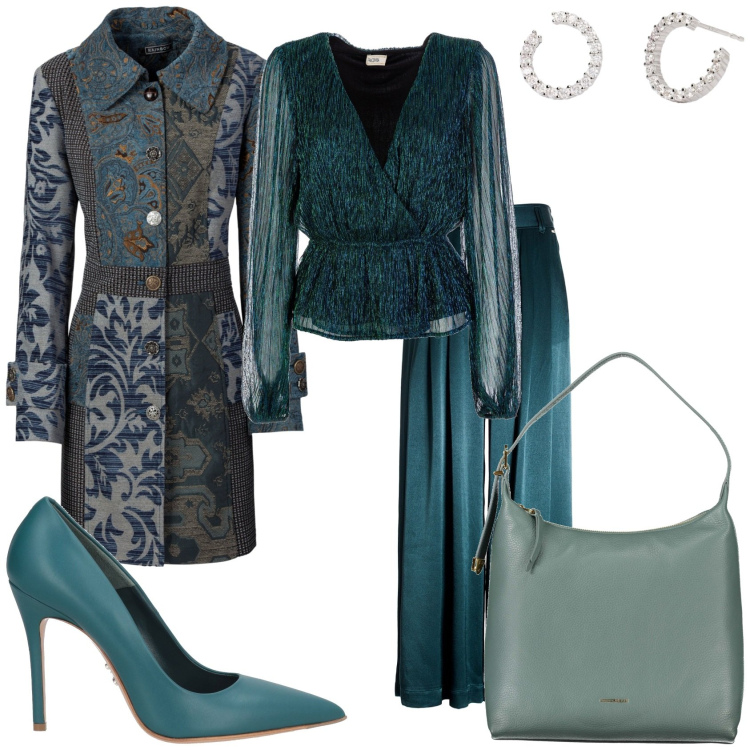 Outfit donna - Verde petrolio per la serata. Stile Glamour per Serata fuori. Abbinamento con cappotti, décolleté, orecchini, bluse, pantaloni a palazzo, borse a spalla.