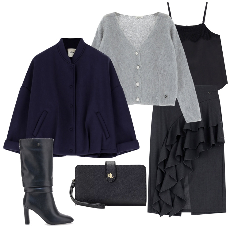 Outfit donna - Bantoa. Stile Casual chic per Serata fuori. Abbinamento con cardigans, bomber, top, gonne, pochette, stivali.