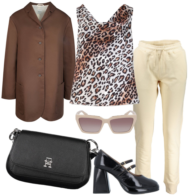 Outfit donna - Pomeriggio in centro. Stile Glamour per Tutti i giorni. Abbinamento con décolleté, top, trench, occhiali da sole, pantaloni, borse a tracolla.