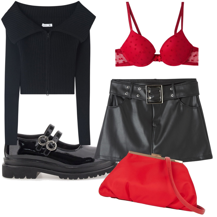 Outfit donna - Mocassino originale e tocchi di rosso. Stile Trendy per Tutti i giorni. Abbinamento con maglieria, minigonne, reggiseni push-up, mocassini, pochette.