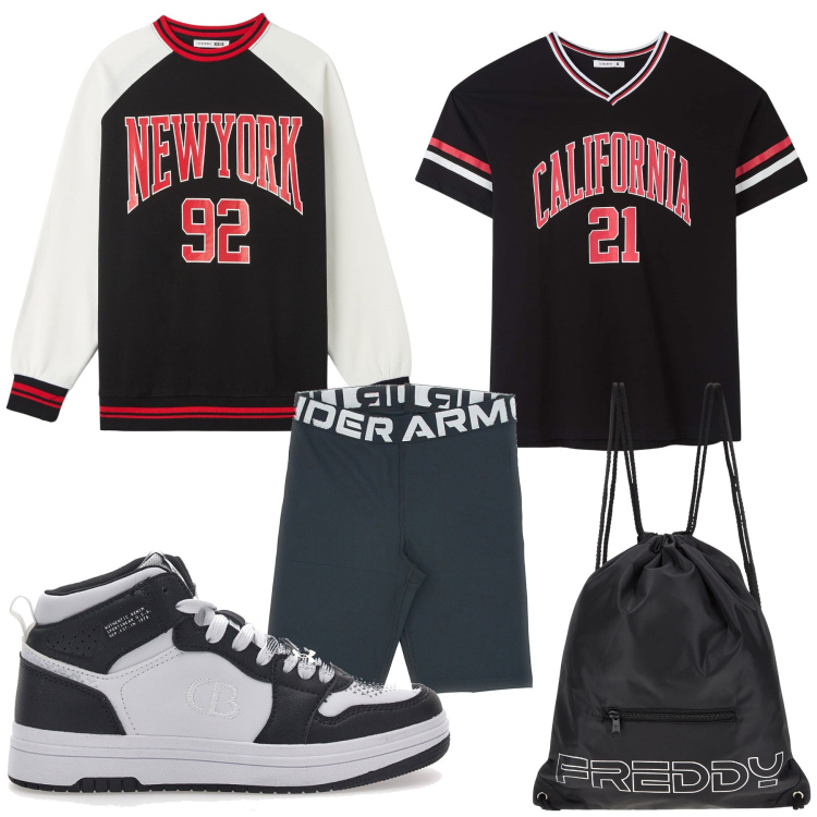 Outfit donna - Stamattina si corre con gli States. Stile Sporty chic per Sport. Abbinamento con t-shirt, felpe, zaini, sneakers, pantaloni corti.