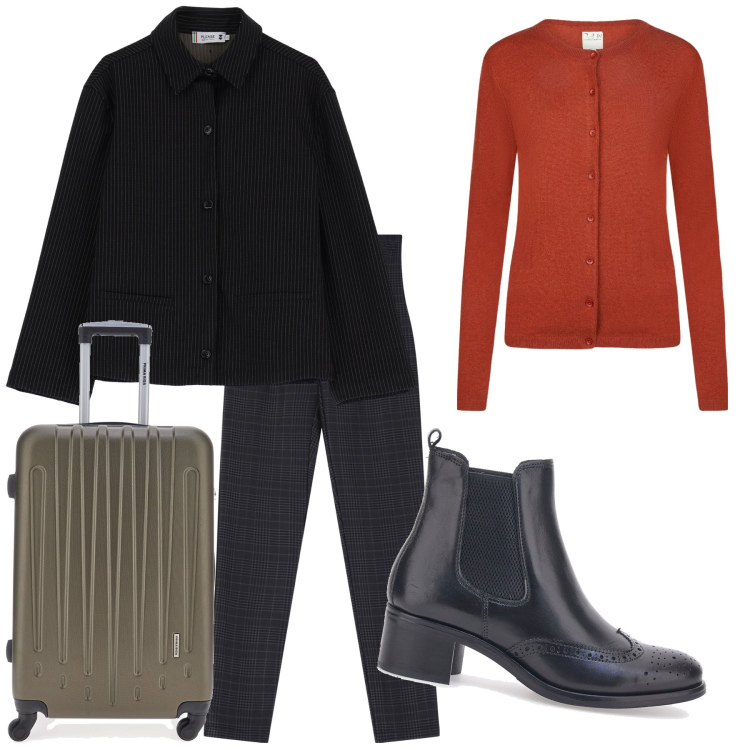 Outfit donna - Comodo viaggio. Stile Basic per Tutti i giorni. Abbinamento con blazer, pantaloni, cardigans, stivaletti chelsea, valigie.