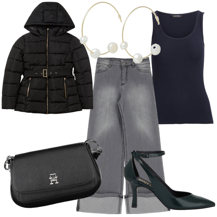 Outfit donna - Vitino da vespa. Stile Glamour per Serata fuori. Abbinamento con orecchini, blazer, décolleté, jeans, canottiere, borse a tracolla.