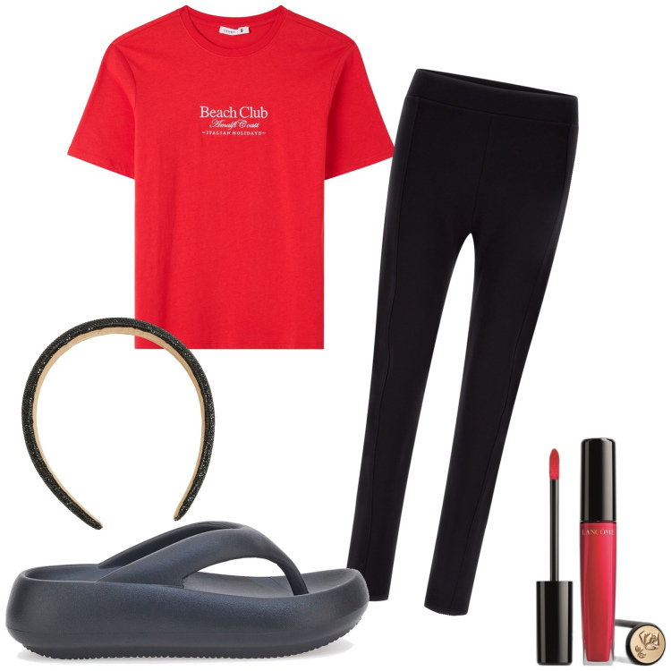Outfit donna - In casa curata. Stile Basic per Tutti i giorni. Abbinamento con gloss, t-shirt, cerchietti, pantaloni, infradito.