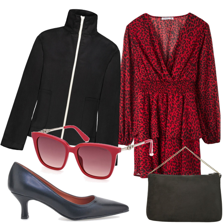 Outfit donna - Il pranzo è in un ristorante chic. Stile Glamour per Tutti i giorni. Abbinamento con vestiti corti, pochette, blazer, décolleté, occhiali da sole.