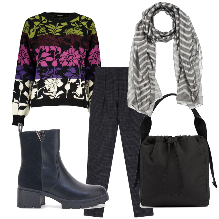 Outfit donna - Al bar la domenica mattina. Stile Urban per Tutti i giorni. Abbinamento con sciarpe, pantaloni, stivaletti chelsea, maglieria, borse a mano.