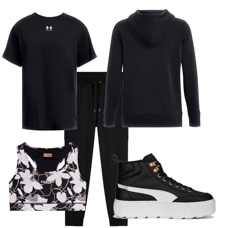Outfit donna - Total look #1998536. Stile Casual per Sport. Abbinamento con reggiseni, pantaloni, felpe con cappuccio, sneakers, t-shirt.