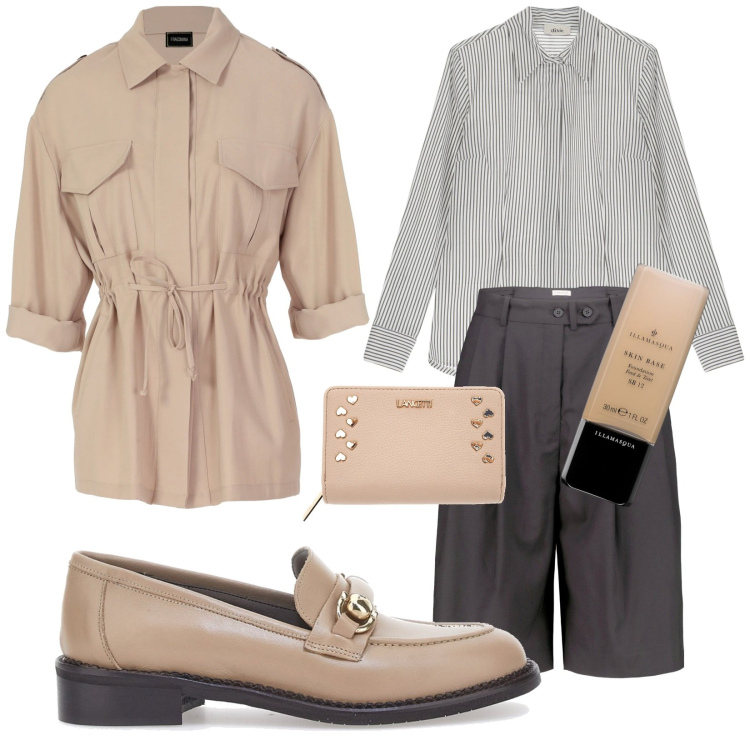 Outfit donna - I mocassini nocciola. Stile Trendy per Tutti i giorni. Abbinamento con fondotinta, blazer, camicie, bermuda, portafogli, mocassini.