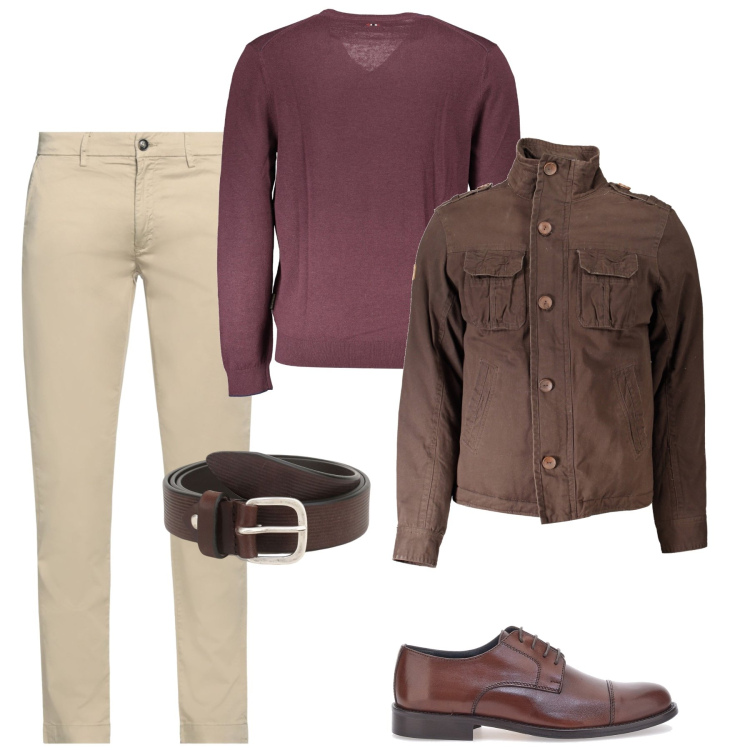 Outfit uomo - Beige e marrone. Stile Casual per Ufficio. Abbinamento con pantaloni, cinture, scarpe stringate, giacche, maglieria.