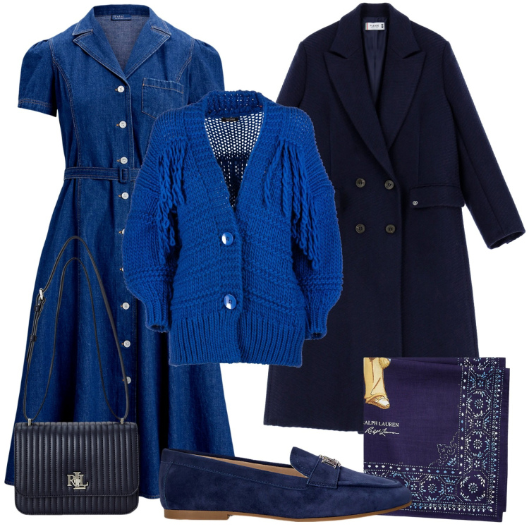 Outfit donna - In blue. Stile Casual chic per Tutti i giorni. Abbinamento con cappotti, cardigans, mocassini, foulard, borse a spalla, vestiti.