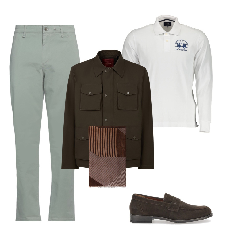 Outfit uomo - Verde e marrone. Stile Casual per Ufficio. Abbinamento con pantaloni, sciarpe, scarpe stringate, polo, giacche.