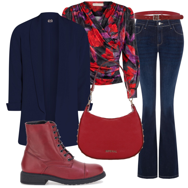 Outfit donna - Rosso e blu. Stile Casual per Ufficio. Abbinamento con bluse, jeans a zampa, blazer, borse a spalla, cinture, anfibi.