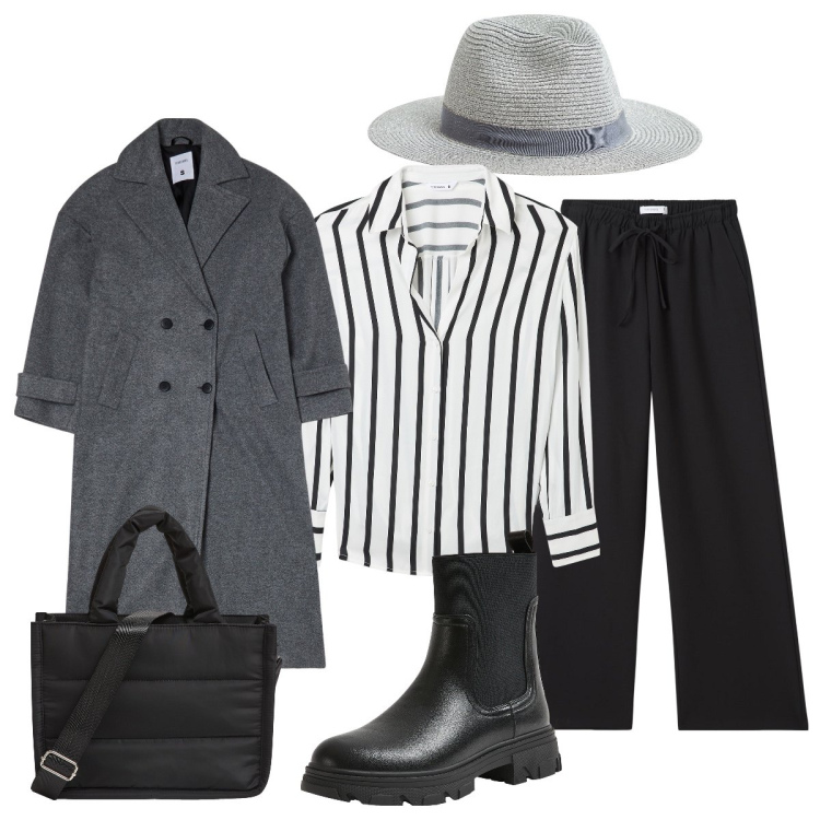 Outfit donna - In città. Stile Mannish per Tutti i giorni. Abbinamento con cappelli, pantaloni, cappotti, stivaletti chelsea, shopping bag, camicie.