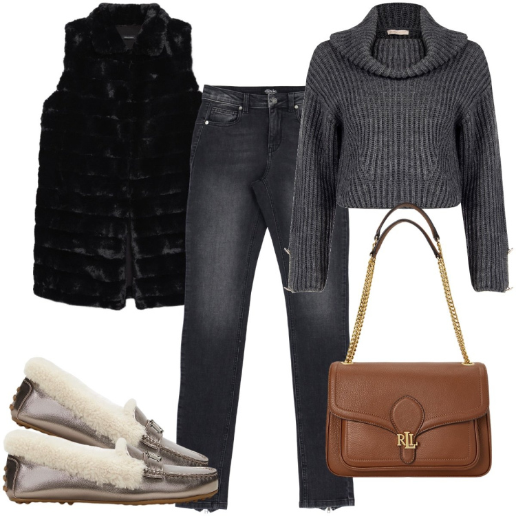 Outfit donna - I mocassini per la stagione. Stile Urban per Tutti i giorni. Abbinamento con maglieria, jeans, borse a spalla, mocassini, gilet.