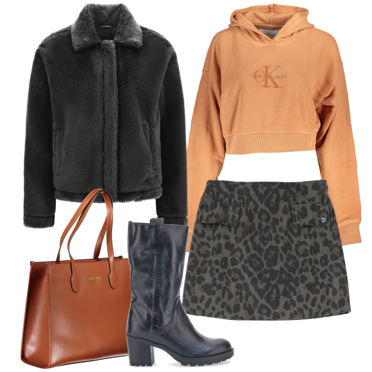 Outfit donna - La mini animalier. Stile Urban per Tutti i giorni. Abbinamento con minigonne, cappotti, stivali, felpe con cappuccio, borse a spalla.