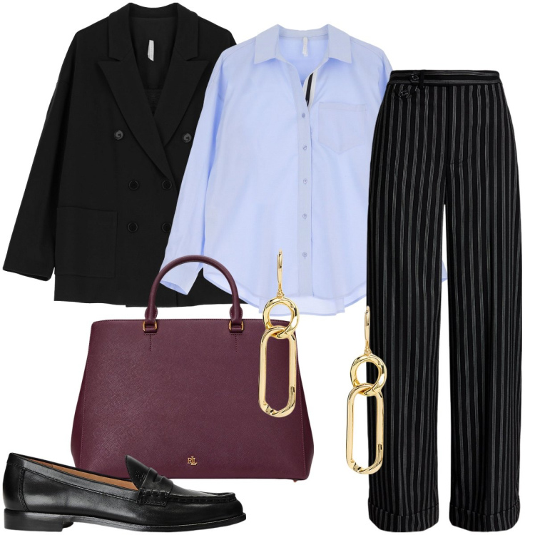Outfit donna - Io mocassini classico. Stile Mannish per Serata fuori. Abbinamento con camicie, blazer, mocassini, borse a mano, pantaloni, orecchini.