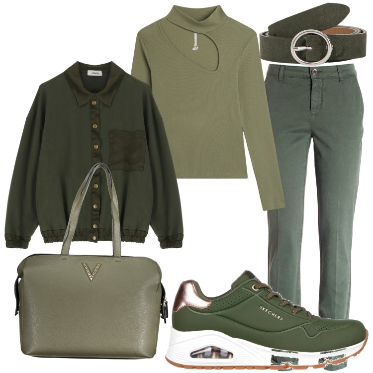 Outfit donna - Verde oliva. Stile Casual per Tutti i giorni. Abbinamento con pantaloni, maglieria, cappotti, cinture, sneakers, borse a spalla.