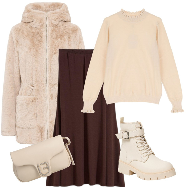 Outfit donna - Con la pelliccia sintetica. Stile Casual chic per Tutti i giorni. Abbinamento con ecopellicce, gonne, borse a mano, anfibi, maglieria.