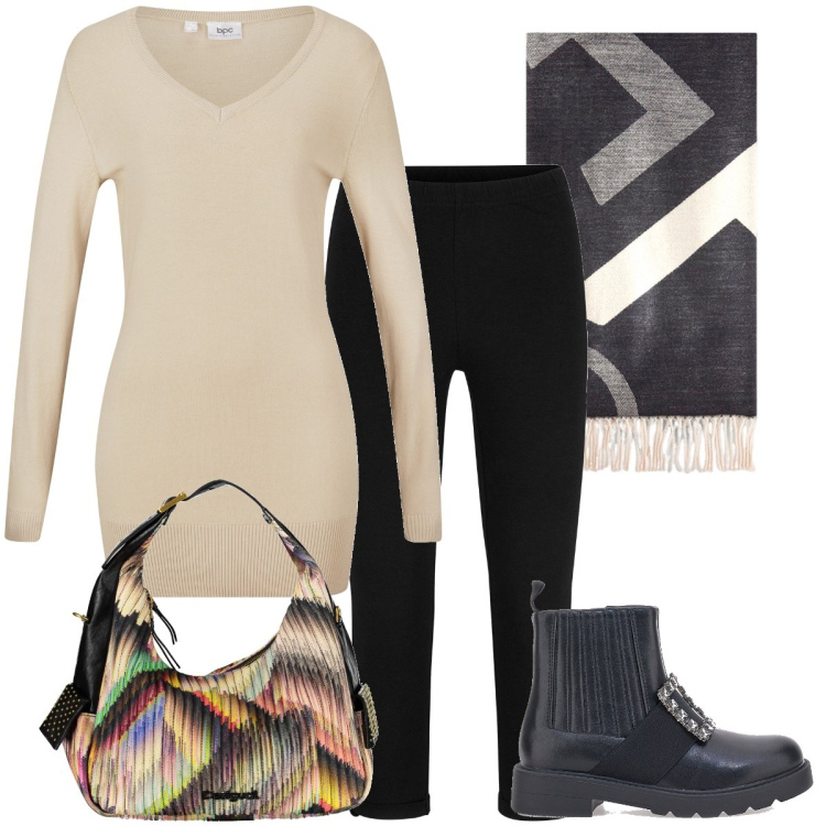 Outfit donna - La maglia maxi. Stile Casual chic per Tutti i giorni. Abbinamento con maglieria, leggings, stivaletti chelsea, sciarpe, borse a spalla.