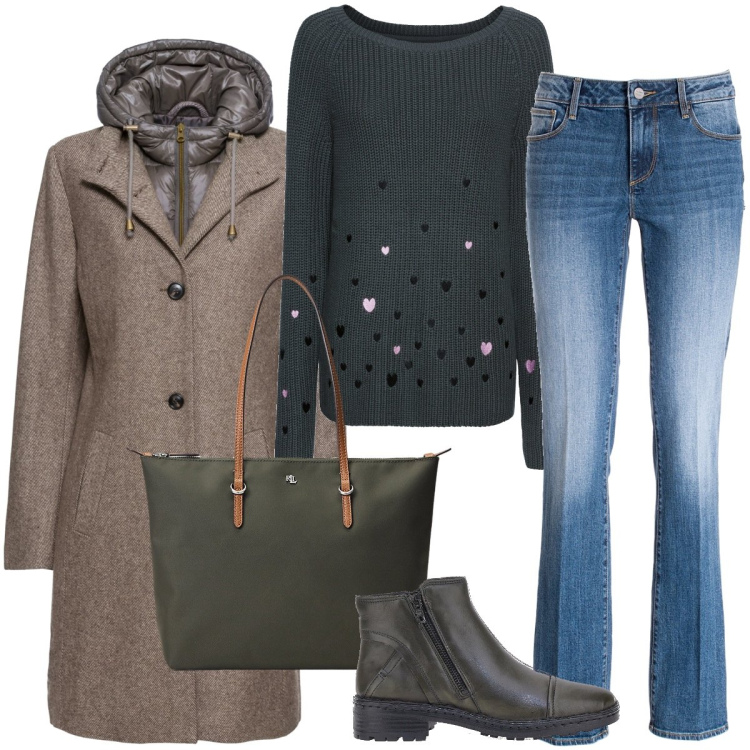 Outfit donna - Il cappotto due in uno. Stile Urban per Ufficio. Abbinamento con cappotti, maglieria, jeans bootcut, borse tote, stivaletti.