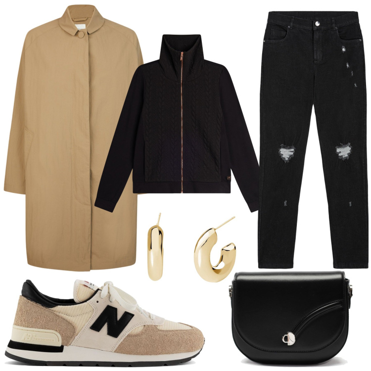 Outfit donna - Outfit casual chic con trench beige. Stile Casual chic per Tutti i giorni. Abbinamento con orecchini, sneakers, jeans skinny, felpe, trench, borse a tracolla.