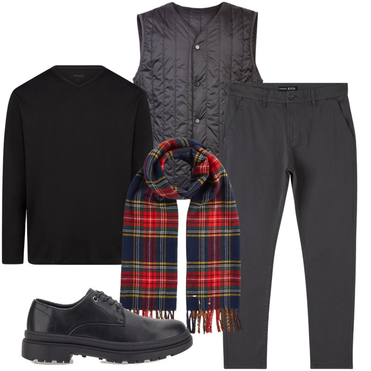Outfit uomo - Il gilet trapuntato. Stile Business/Elegante per Ufficio. Abbinamento con pantaloni chino, scarpe stringate, piumini, sciarpe, t-shirt.