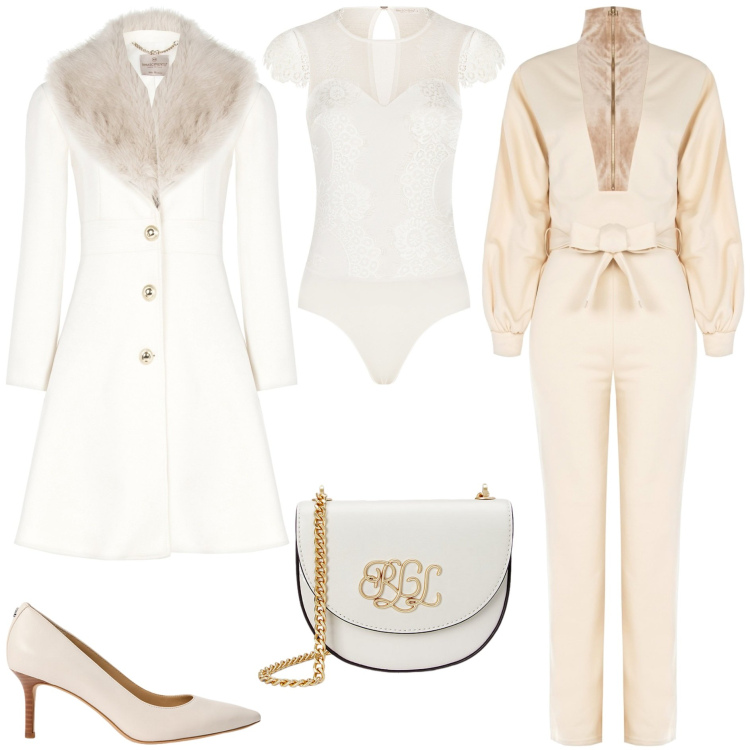 Outfit donna - Cerimonia neutral. Stile Chic per Cerimonia. Abbinamento con body, tute, cappotti, borse a tracolla, décolleté.