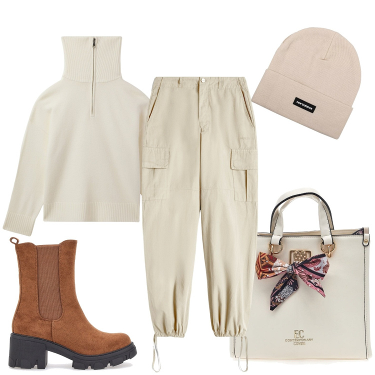 Outfit donna - Bantoa - Black Month. Stile Casual per Tutti i giorni. Abbinamento con maglieria, berretti, pantaloni cargo, borse a mano, stivaletti chelsea.