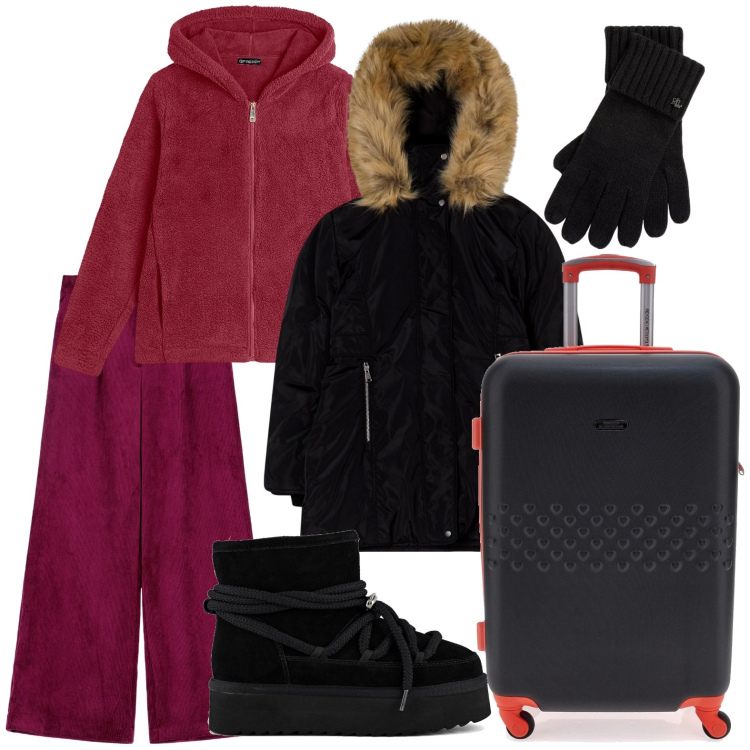 Outfit donna - Bantoa - Black Month. Stile Glamour per Tutti i giorni. Abbinamento con parka, pantaloni a palazzo, felpe, guanti, stivaletti, valigie.