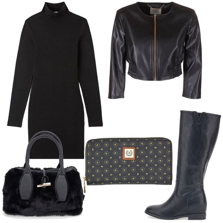 Outfit donna - Total black in saldo. Stile Minimal per Serata fuori. Abbinamento con vestiti midi/longuette, blazer, stivali, portafogli, borse a mano.