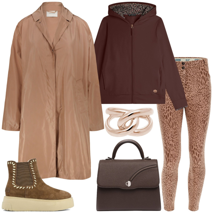 Outfit donna - Soprabito marrone. Stile Casual per Tutti i giorni. Abbinamento con anelli, felpe con cappuccio, pantaloni skinny, stivaletti, trench, borse a mano.